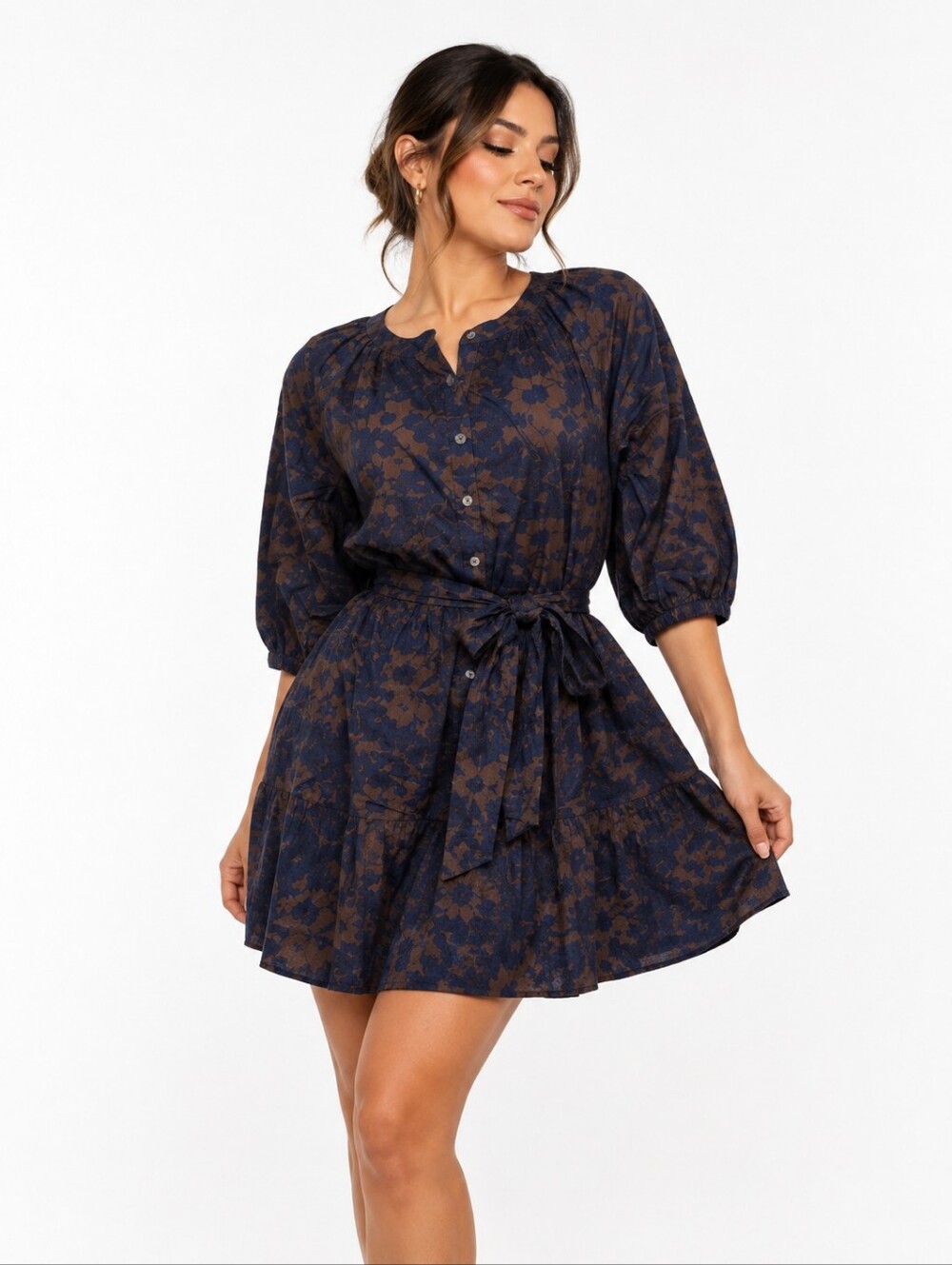 Time and Tru Navy and Brown Floral-Print Button Front Blouse
